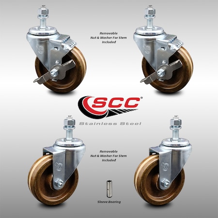 Service Caster 4 Inch SS High Temp Phenolic Swivel 1/2 Inch Threaded Stem Caster Brakes SCC, 2PK SCC-SSTS20S414-PHSHT-121315-2-TLB-2